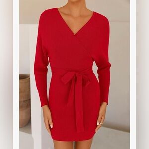 Red Wrap Knit Tie-Waist Dress